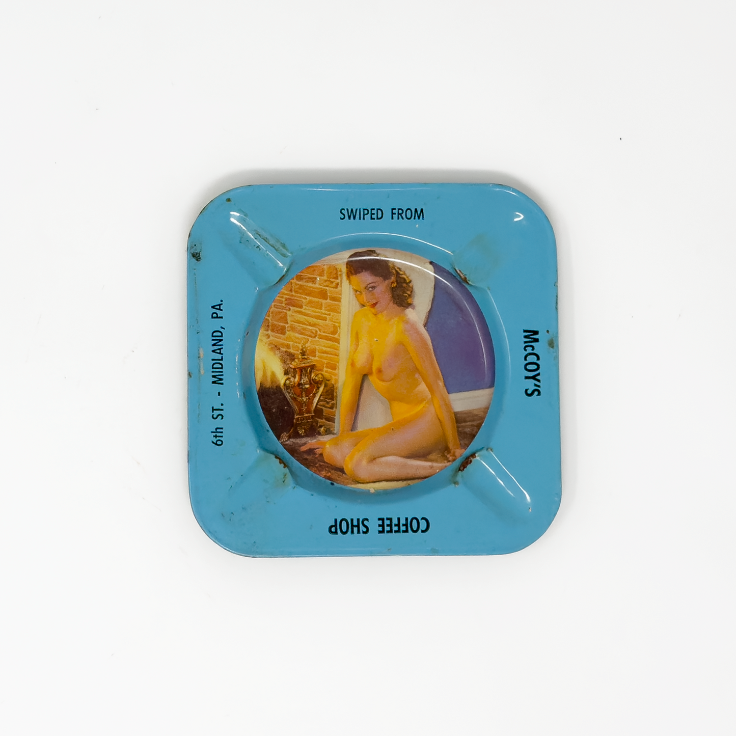 McCoy’s Coffee Shop ‘Swiped From’ Pin-Up Tin Ashtray (1 of 3)