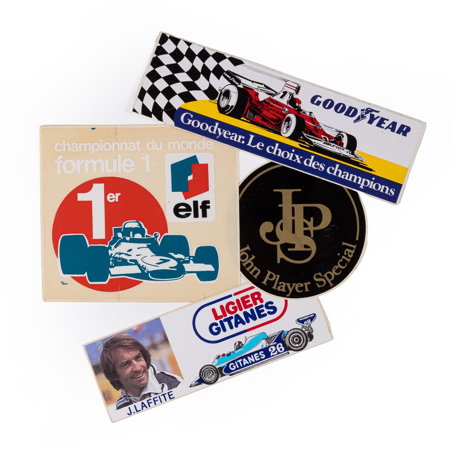 1970s–80s F1 Sponsor Sticker Set — Elf, Ligier, Goodyear & John Player Special