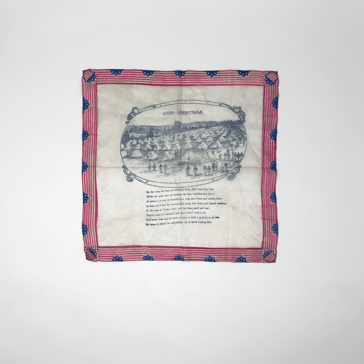 WWI 'Camp Greetings' Handkerchief — Camp Life Scene