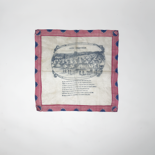 WWI 'Camp Greetings' Handkerchief — Camp Life Scene