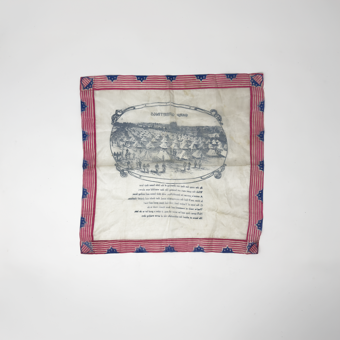 WWI 'Camp Greetings' Handkerchief — Camp Life Scene