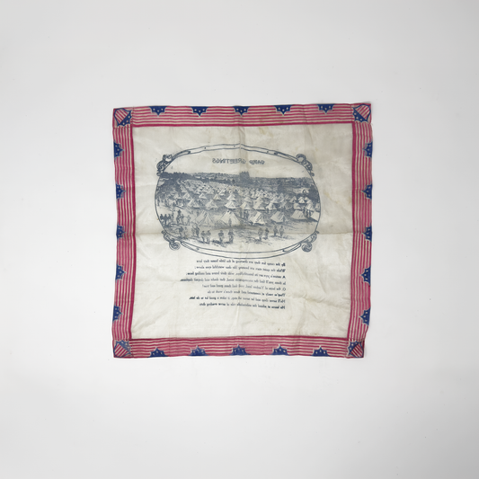 WWI 'Camp Greetings' Handkerchief — Camp Life Scene | Antique Printed Textile