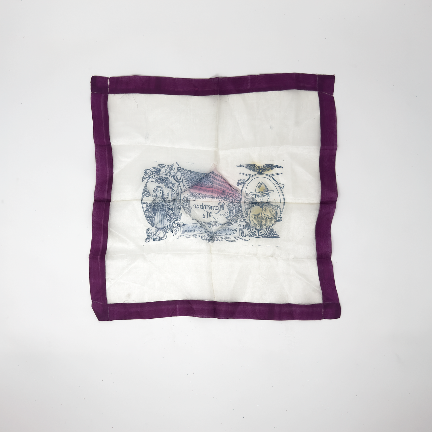 WWI 'Remember Me' Handkerchief — Soldier & Wife with Flag