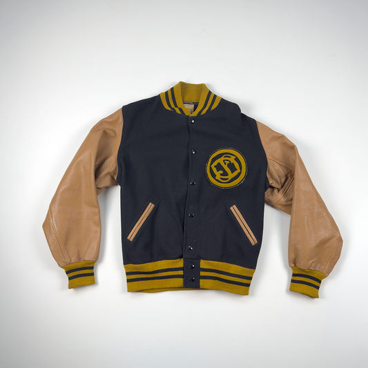 Sand-Knit Wool & Leather Letterman Jacket — Navy & Camel, Alldritt Athletic Goods (Minneapolis)