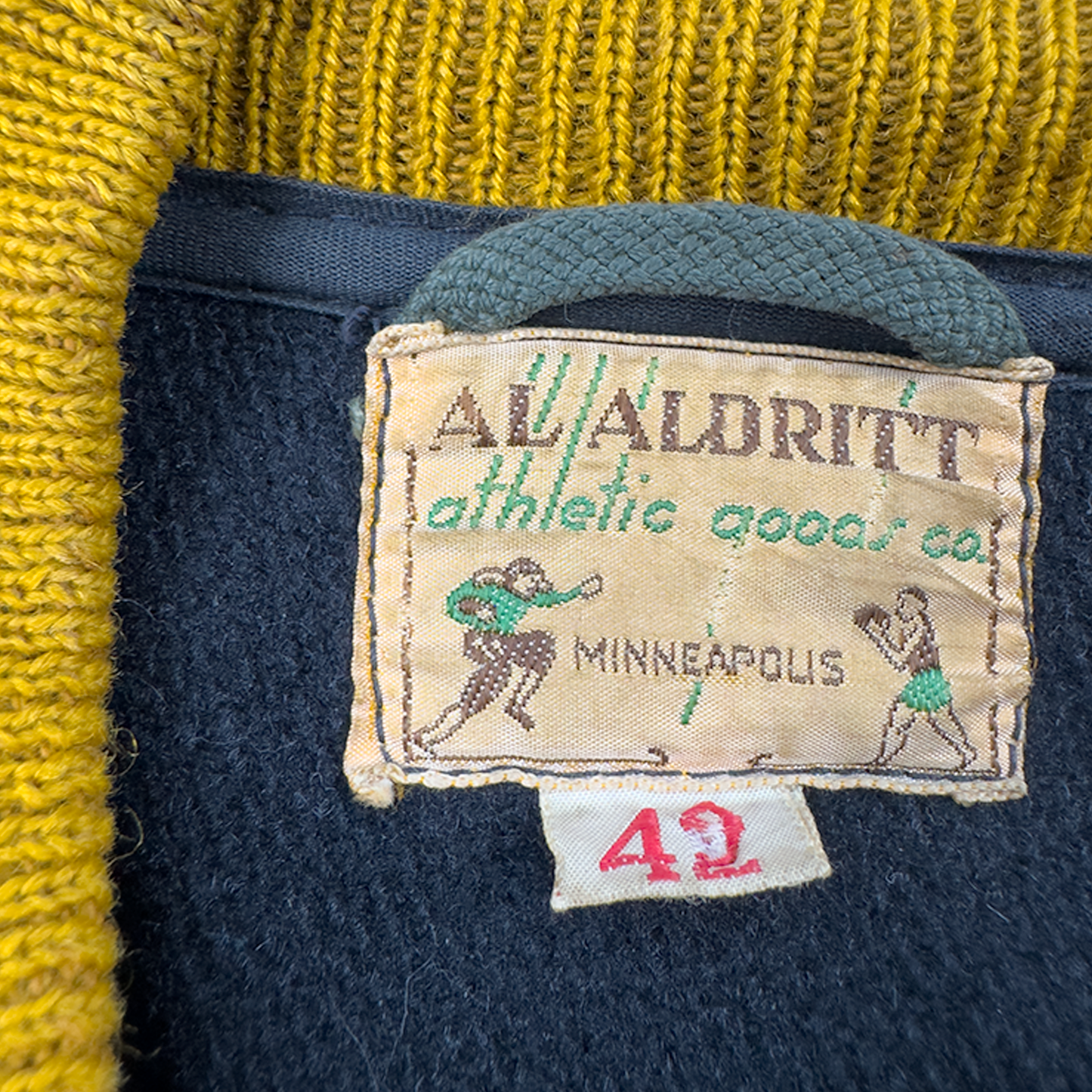Sand-Knit Wool & Leather Letterman Jacket — Navy & Camel, Alldritt Athletic Goods (Minneapolis)