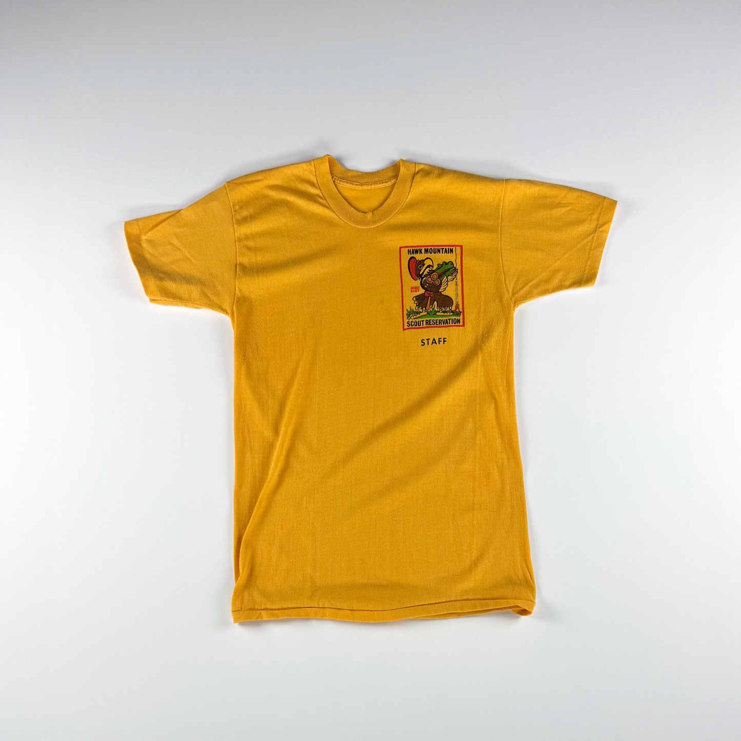 1970s–80s Boy Scouts Hawk Mountain Camp Shirt — Yellow Graphic